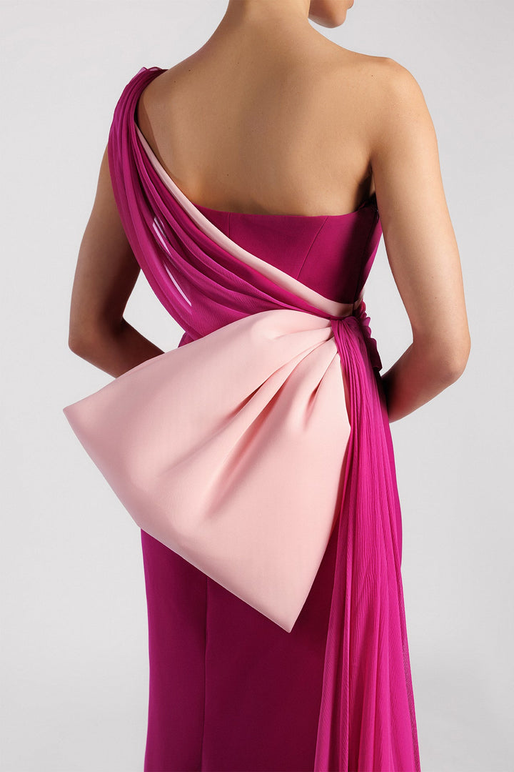 One-Shoulder Fitted Dress, Draped Chiffon, Side Train, Bow, Straight Skirt