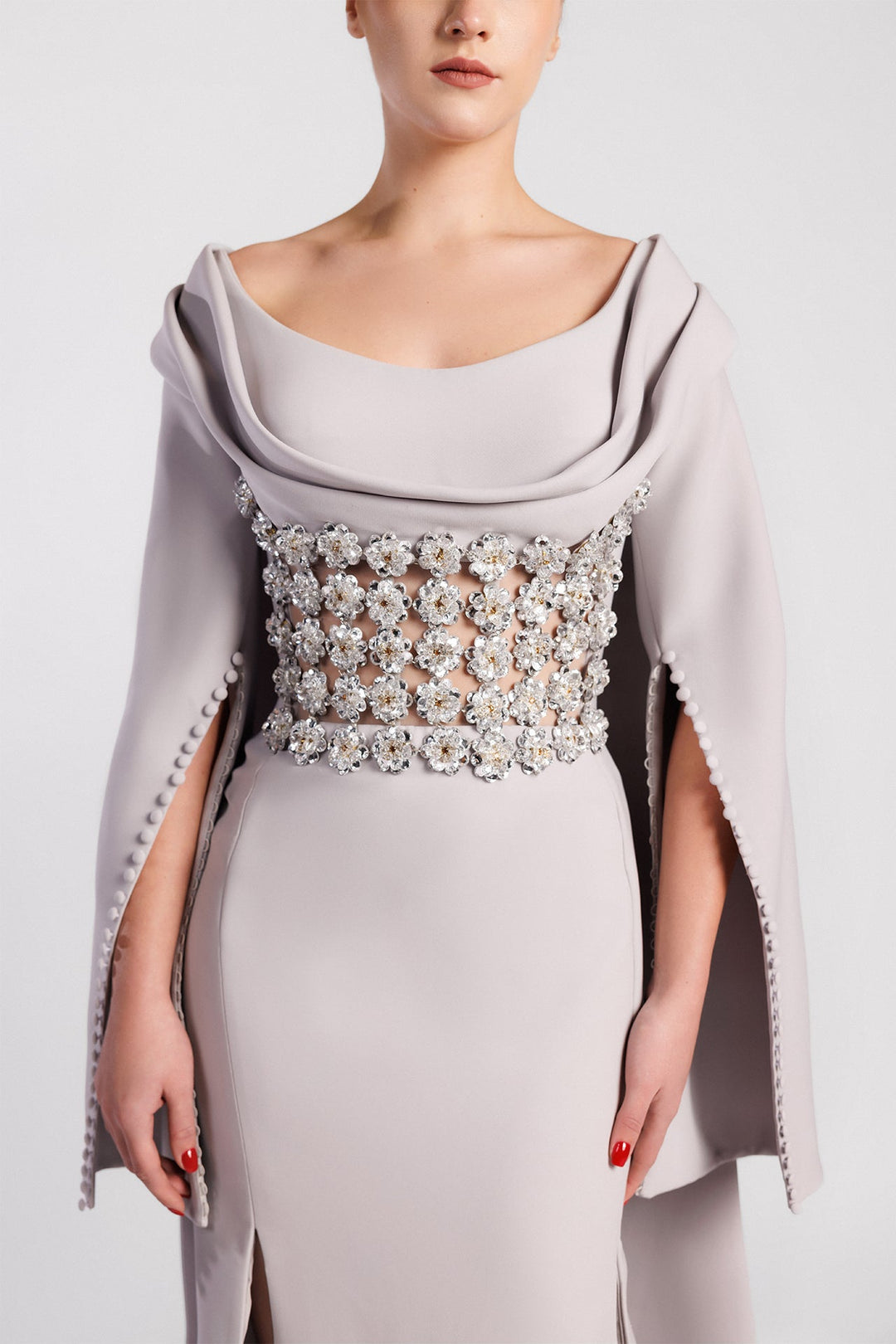 Straight-Cut Dress, Round Neckline, Bell Sleeves, Embroidered Waist, Front Slit, Watteau Train Light Gray / FR 46 Straight-Cut Dress, Round Neckline, Bell Sleeves, Embroidered Waist, Front Slit, Watteau Train Light Gray / FR 46