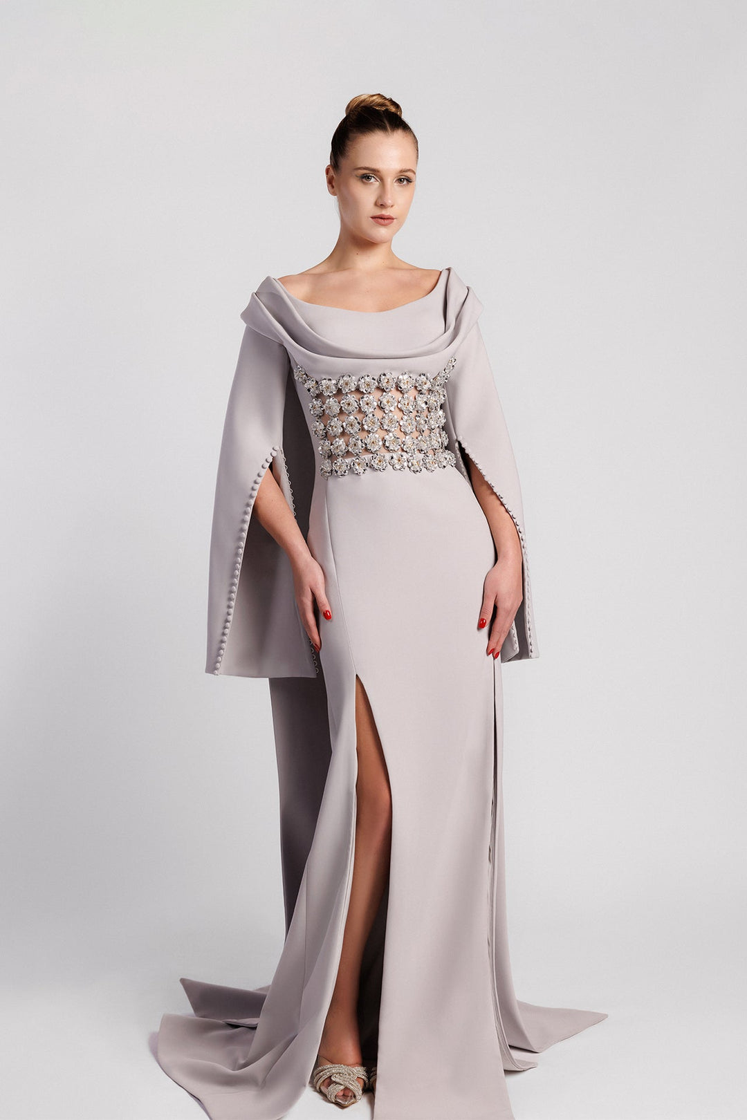 Straight-Cut Dress, Round Neckline, Bell Sleeves, Embroidered Waist, Front Slit, Watteau Train Light Gray / FR 46 Straight-Cut Dress, Round Neckline, Bell Sleeves, Embroidered Waist, Front Slit, Watteau Train Light Gray / FR 46