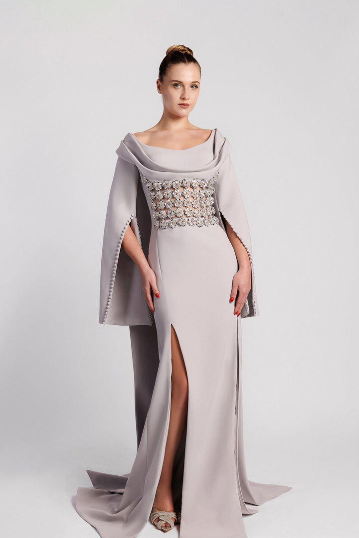 Straight-Cut Dress, Round Neckline, Bell Sleeves, Embroidered Waist, Front Slit, Watteau Train