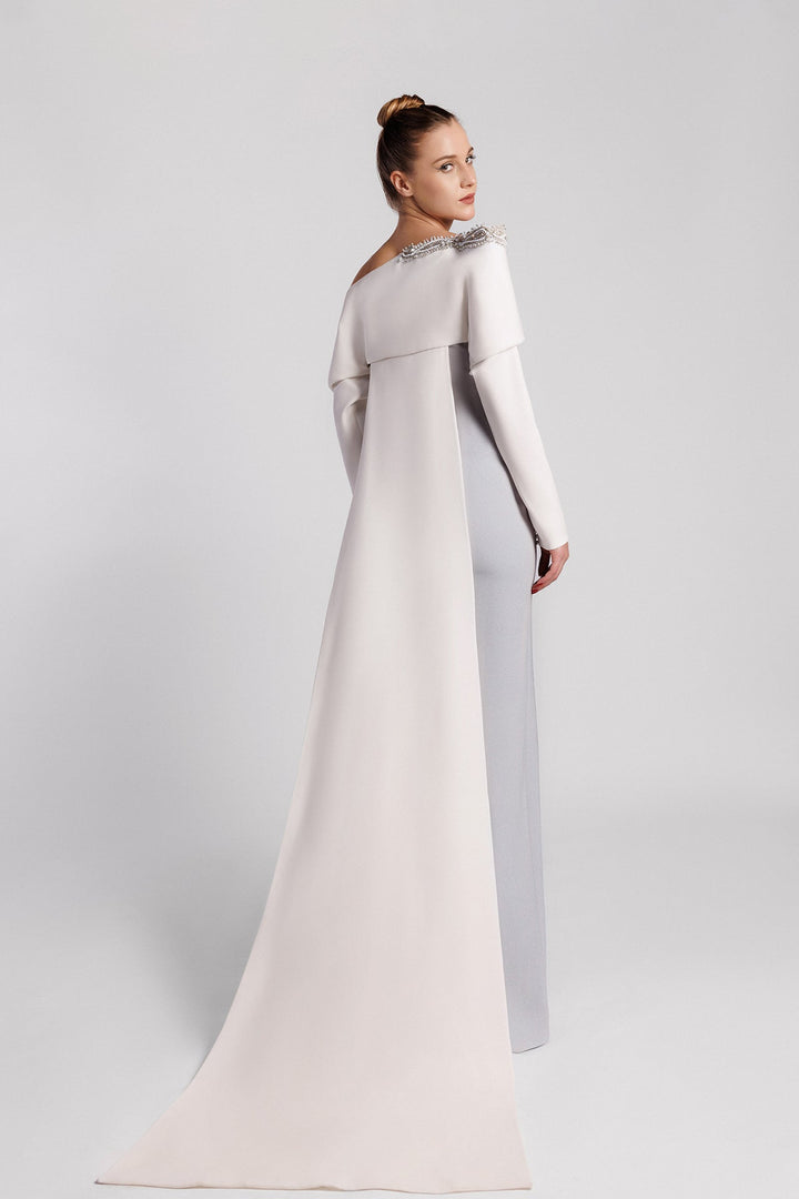 Off-The-Shoulder Asymmetric Dress with Draped Sleeves and Watteau Train