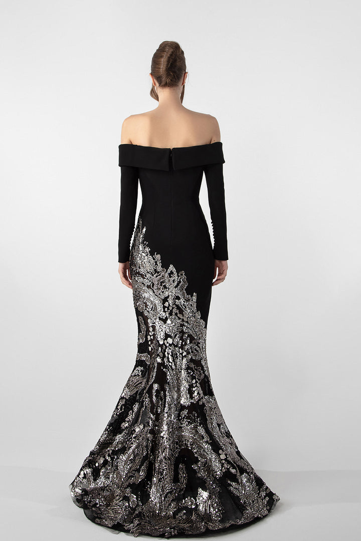 Off-Shoulder Crepe Gown with Beaded Embroidery