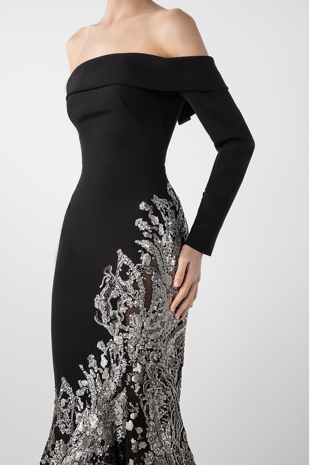 Off-Shoulder Crepe Gown with Beaded Embroidery