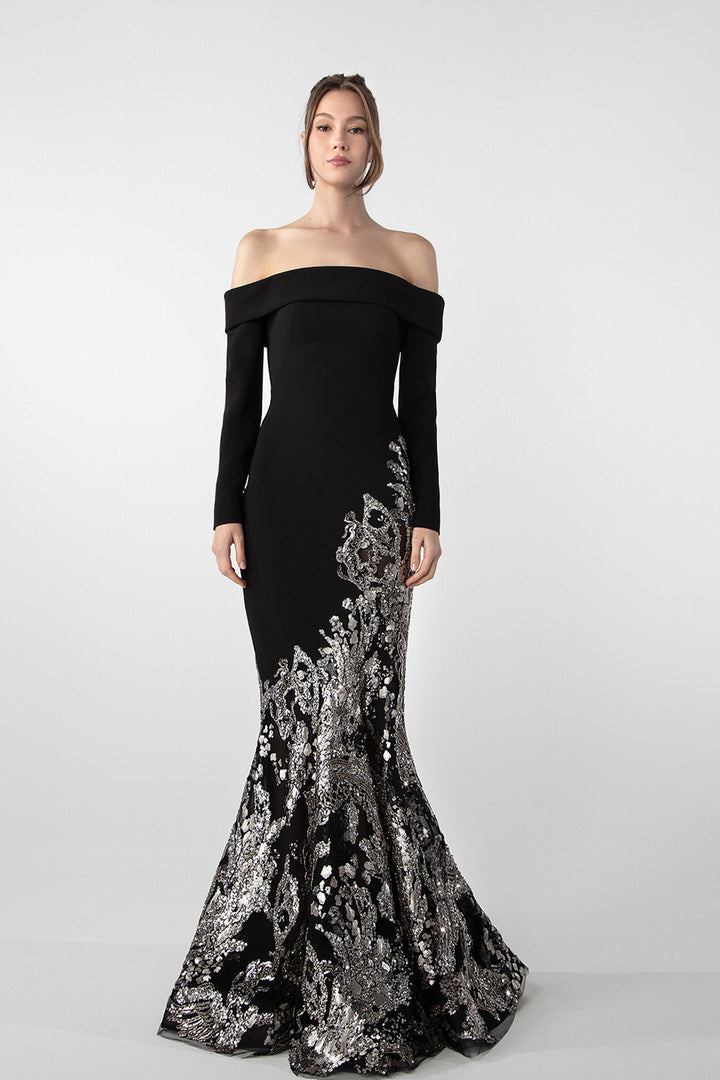 Off-Shoulder Crepe Gown with Beaded Embroidery