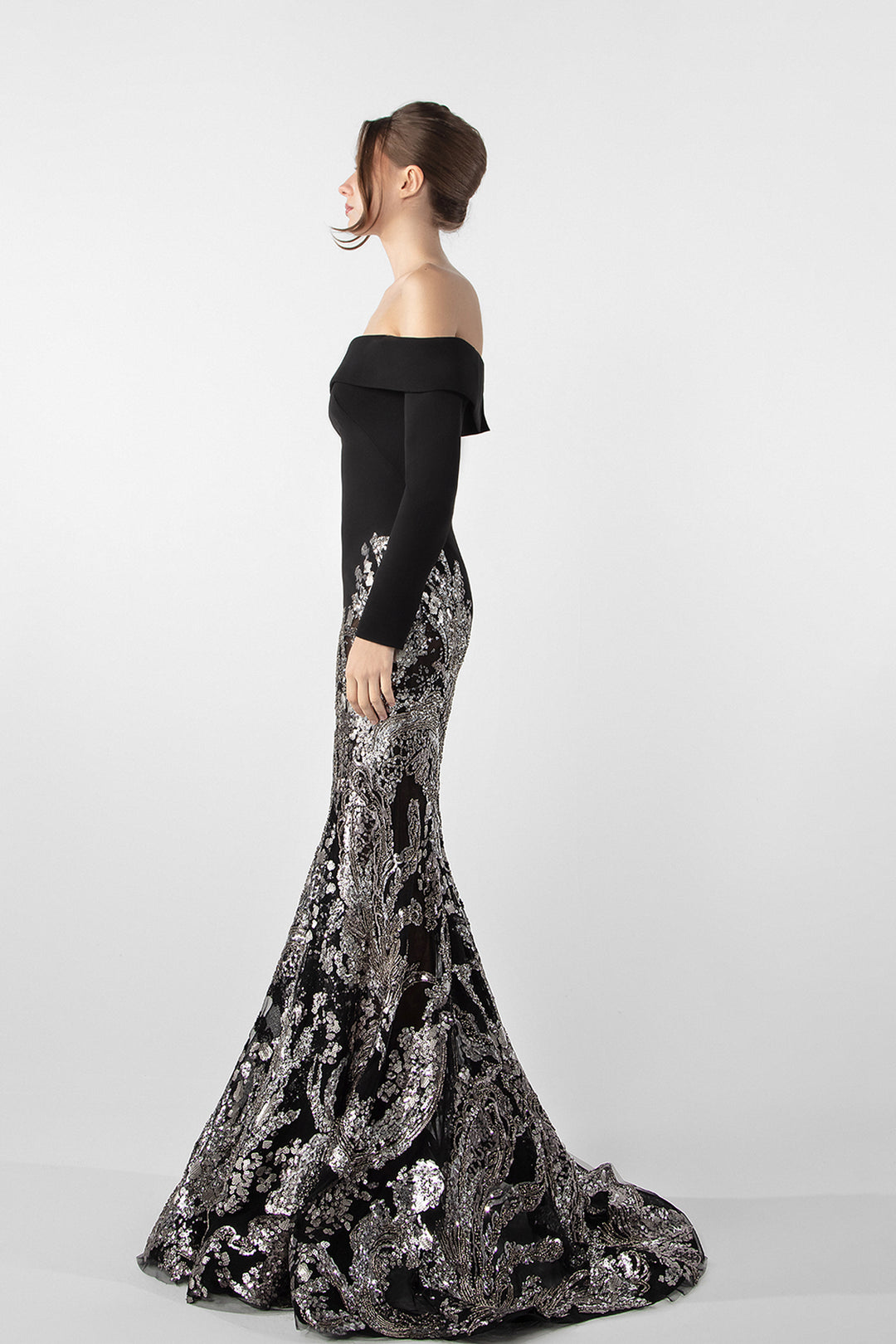 Off-Shoulder Crepe Gown with Beaded Embroidery