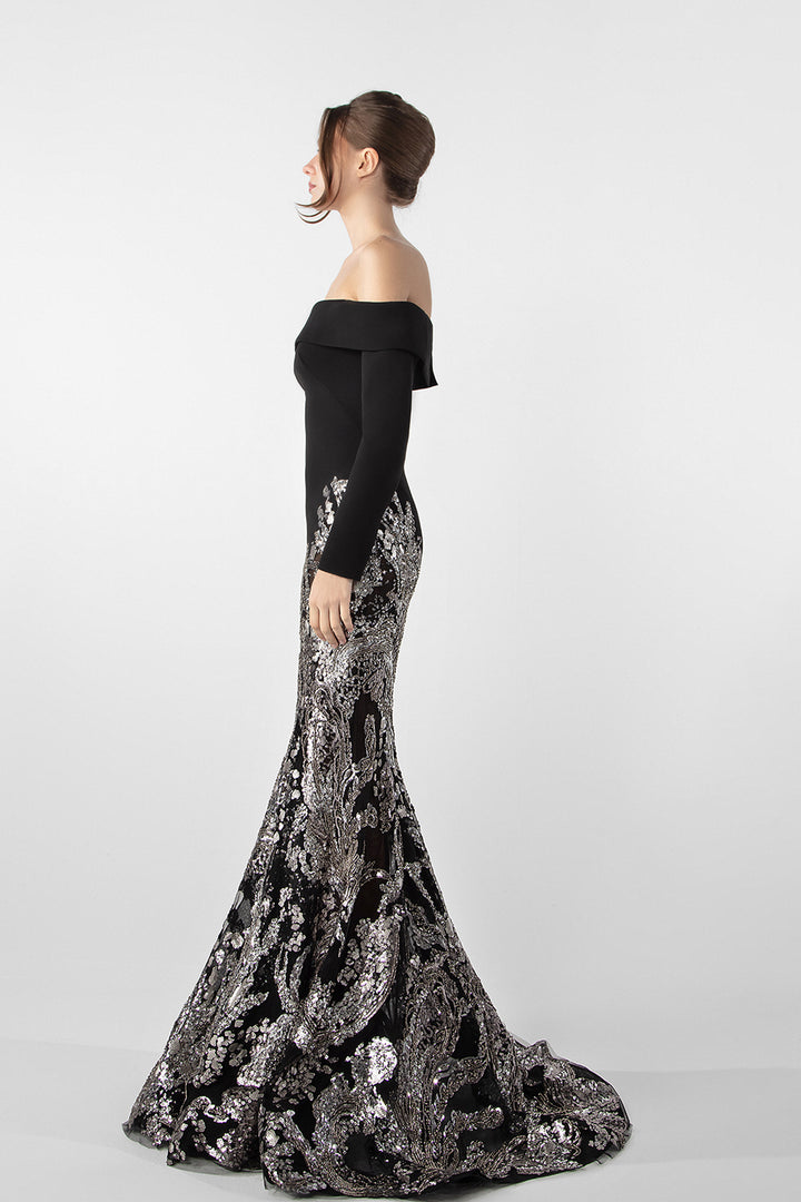 Off-Shoulder Crepe Gown with Beaded Embroidery