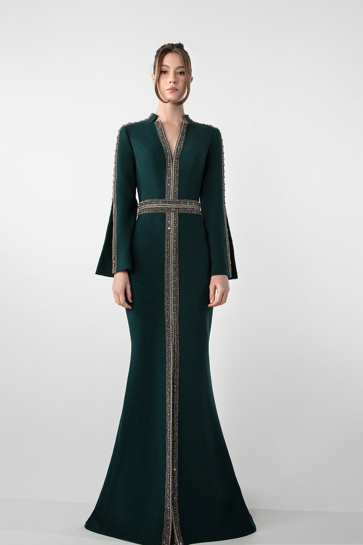 Long-Sleeve Embroidered Gown