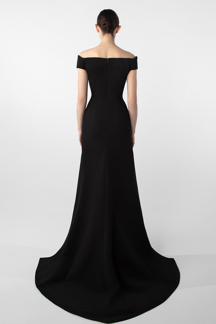 Off-Shoulder Gown with Embroidered Jet Stones