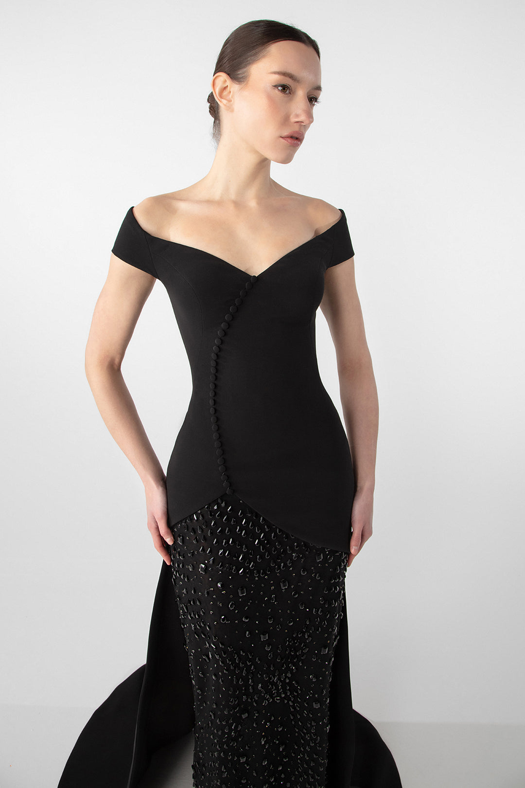 Off-Shoulder Gown with Embroidered Jet Stones