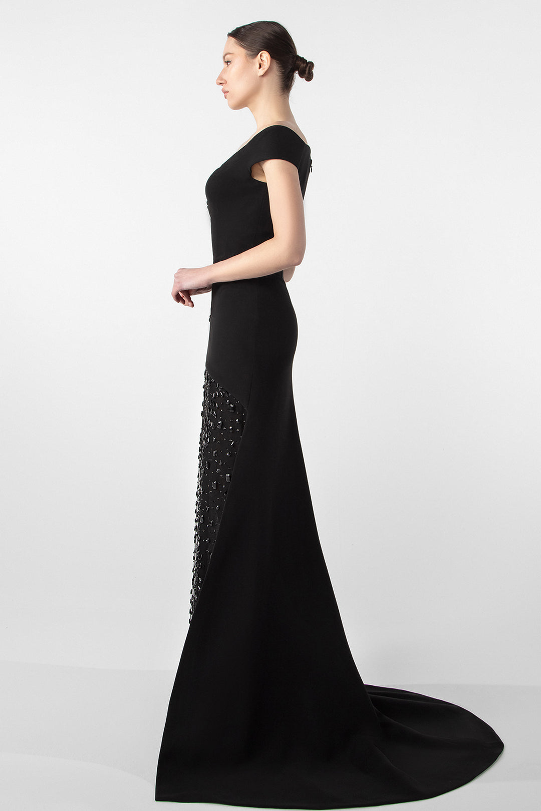 Off-Shoulder Gown with Embroidered Jet Stones