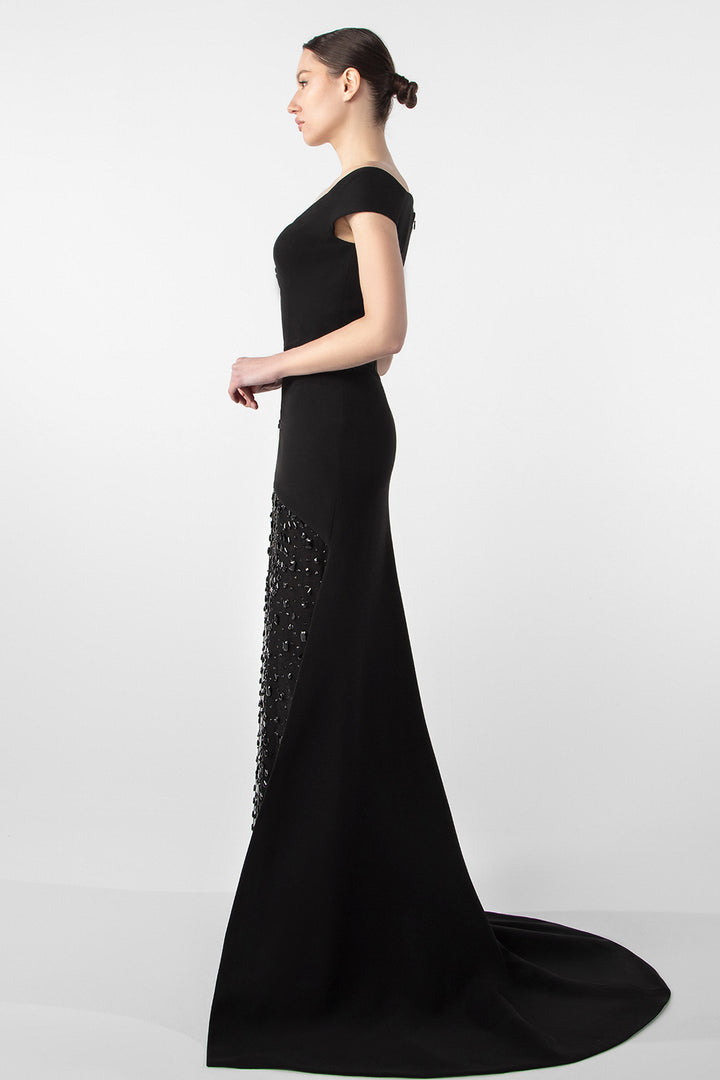 Off-Shoulder Gown with Embroidered Jet Stones