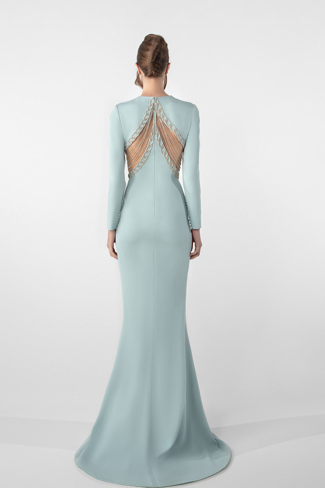 Fitted Crepe Dress with Crystal Chain Embroidery