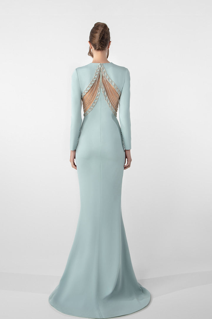 Fitted Crepe Dress with Crystal Chain Embroidery