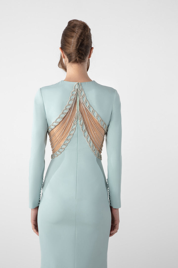Fitted Crepe Dress with Crystal Chain Embroidery