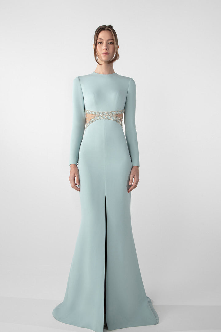 Fitted Crepe Dress with Crystal Chain Embroidery