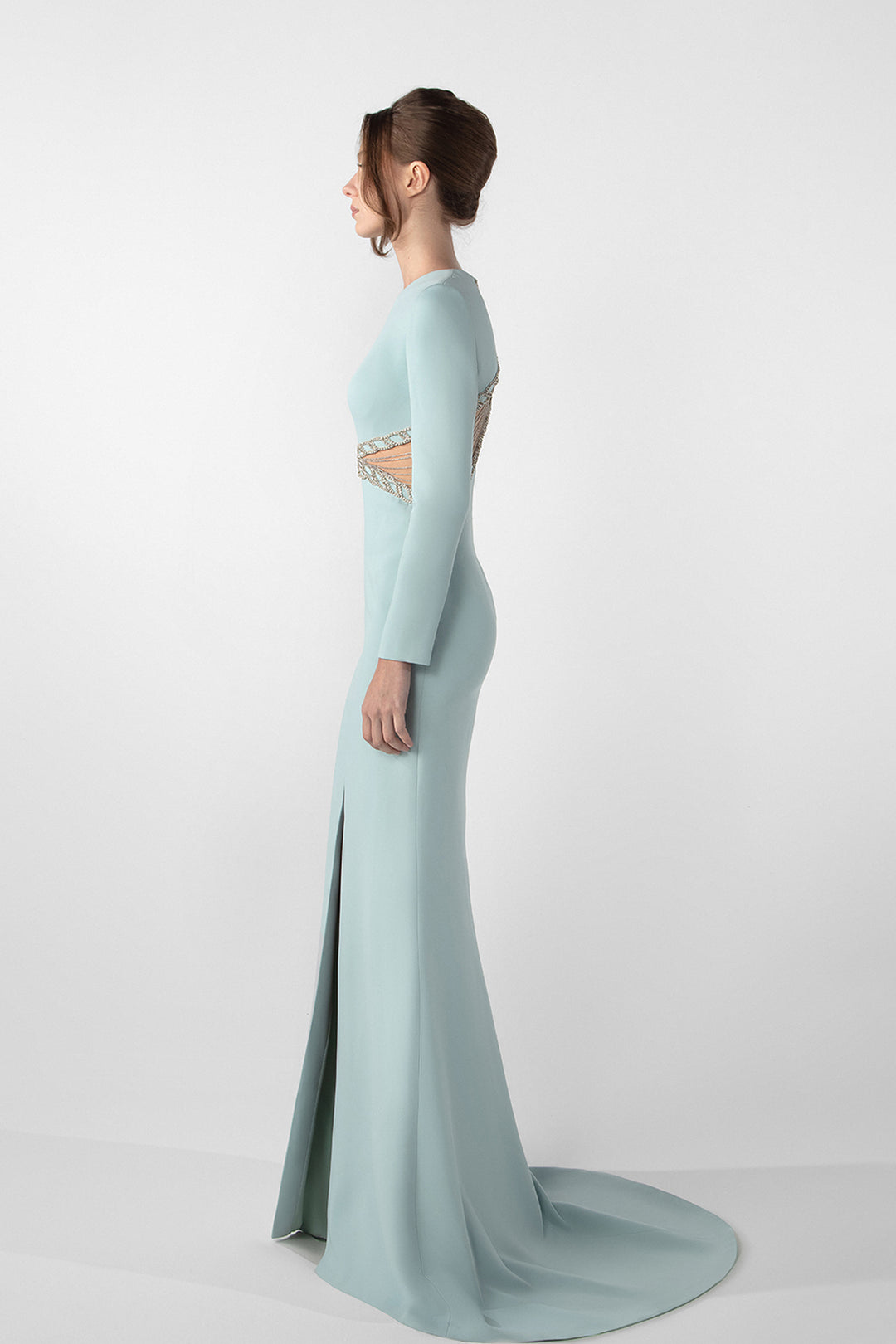 Fitted Crepe Dress with Crystal Chain Embroidery