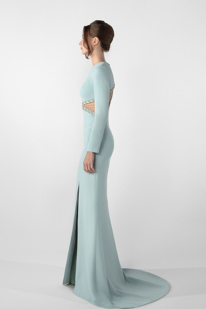 Fitted Crepe Dress with Crystal Chain Embroidery