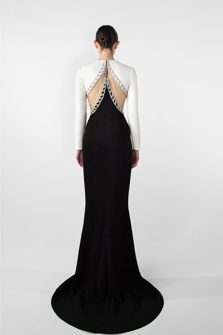 Elegant Crepe Gown with Embroidered Cutouts