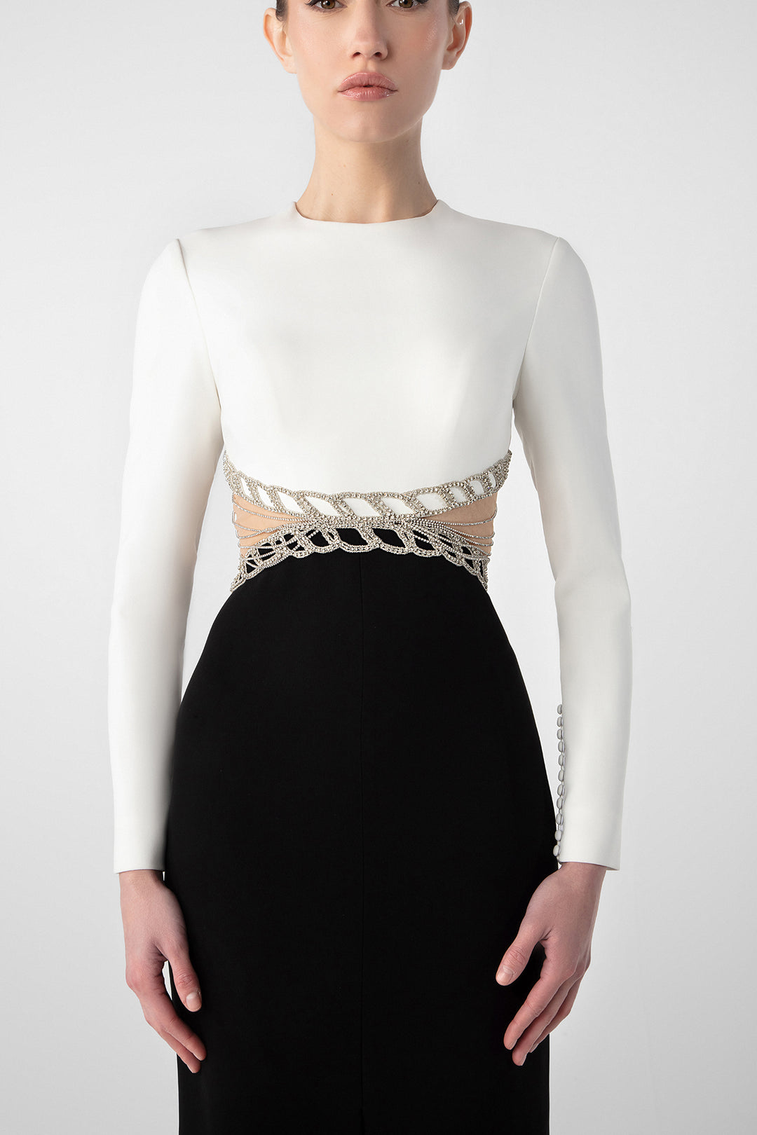 Elegant Crepe Gown with Embroidered Cutouts