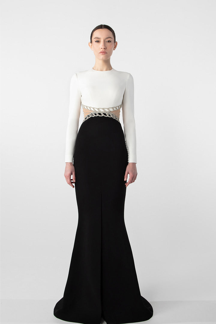 Elegant Crepe Gown with Embroidered Cutouts