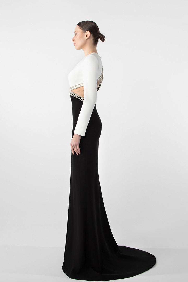Elegant Crepe Gown with Embroidered Cutouts