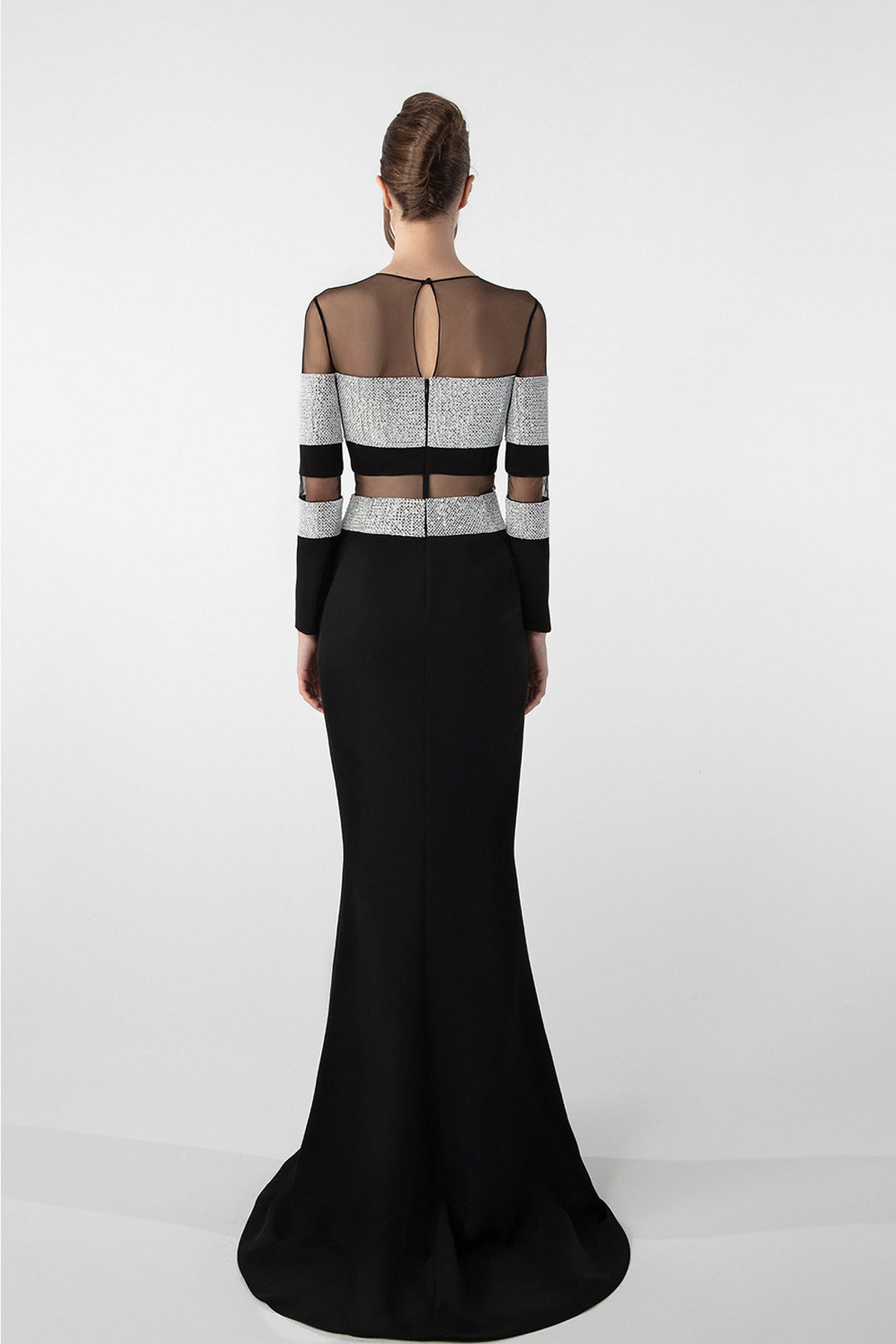 Sheer Panel Gown with Embellished Details
