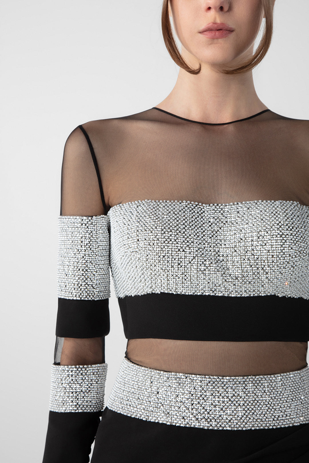 Sheer Panel Gown with Embellished Details