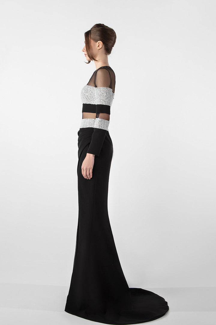 Sheer Panel Gown with Embellished Details