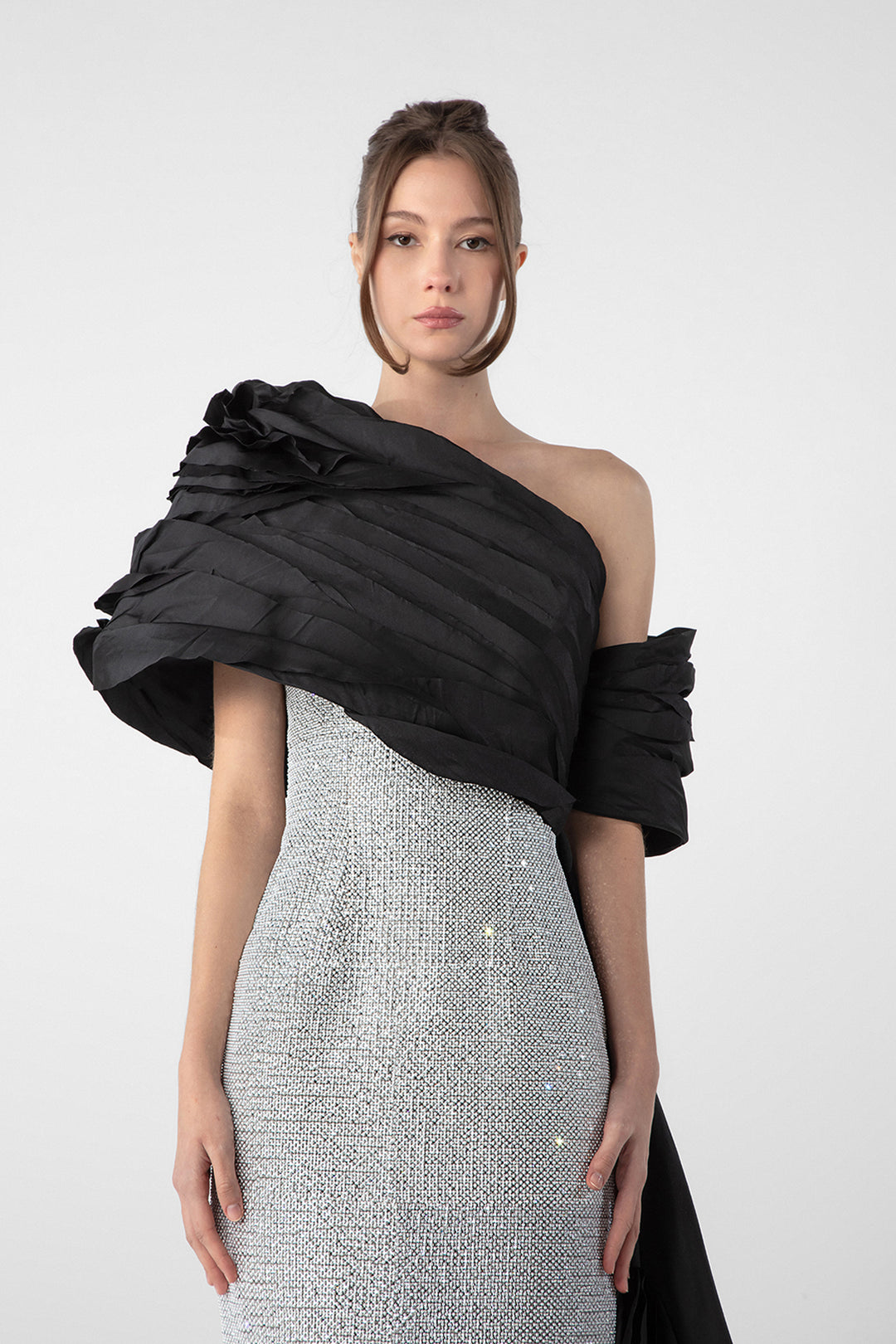 Crystal Embellished Column Dress with Tulle Cape