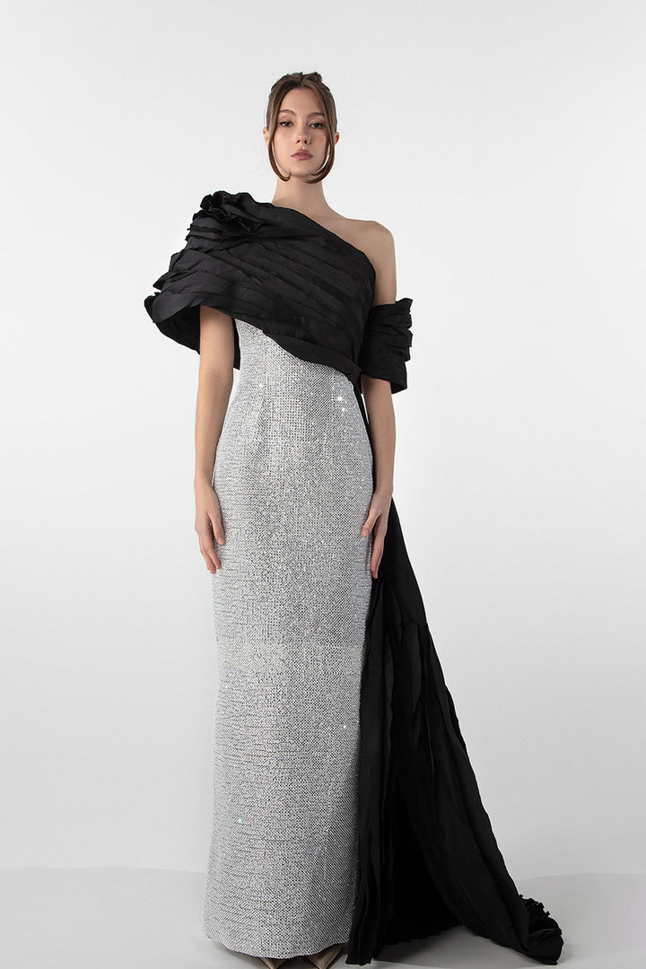 Crystal Embellished Column Dress with Tulle Cape