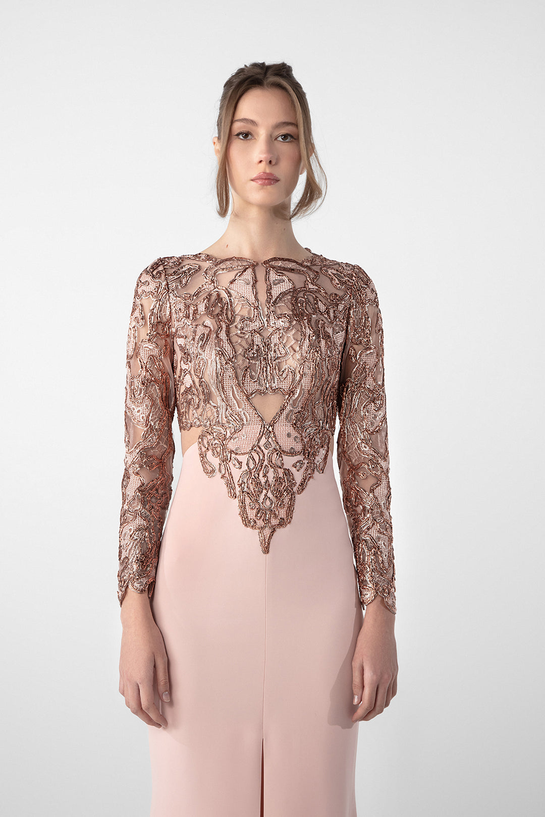 Embroidered Long-Sleeve Crepe Dress