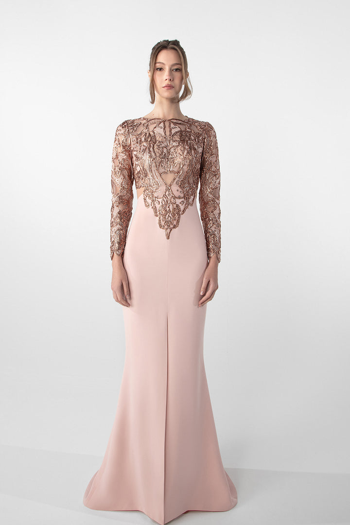 Embroidered Long-Sleeve Crepe Dress