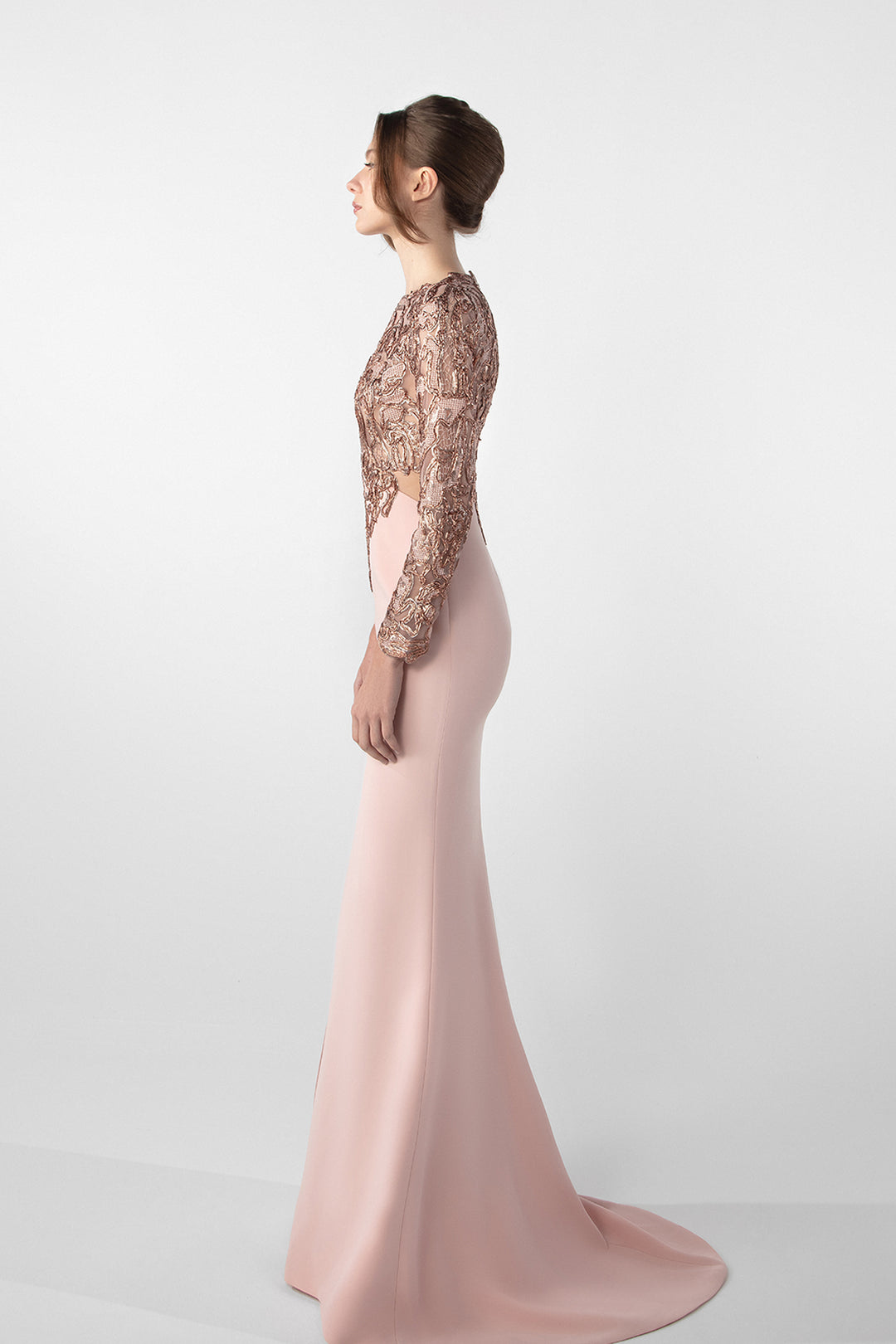 Embroidered Long-Sleeve Crepe Dress