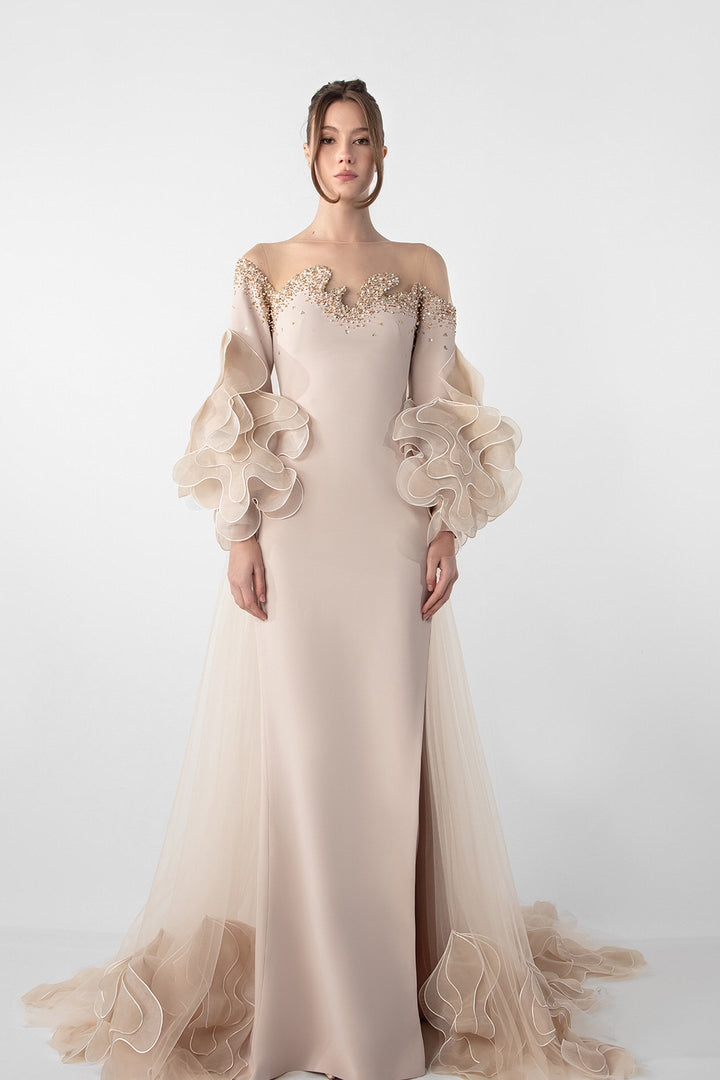 Off-Shoulder Dress with Ruffled Organza Sleeves