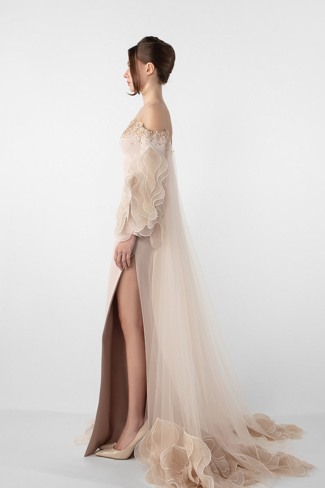 Off-Shoulder Dress with Ruffled Organza Sleeves