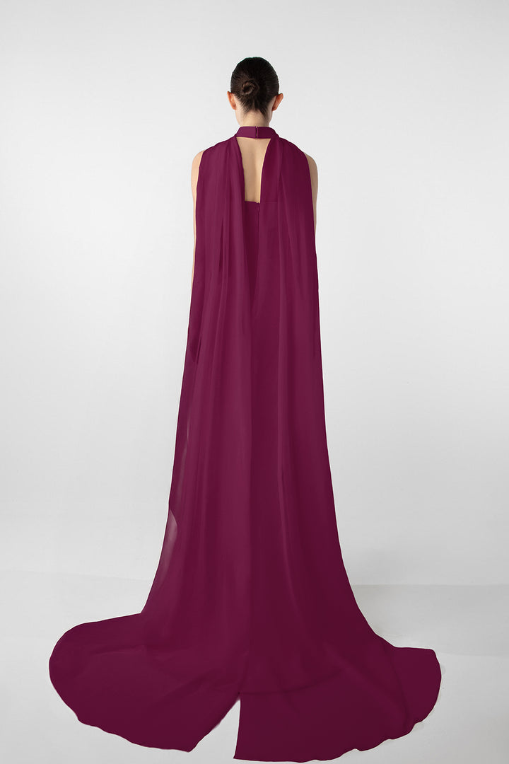 Asymmetrical Dress with Gold Accents and Chiffon Cape