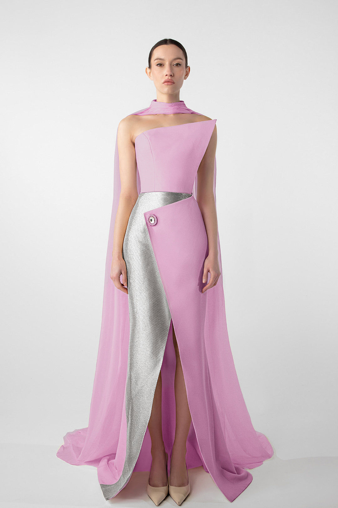 Asymmetrical Dress with Gold Accents and Chiffon Cape M.R DESIGN Asymmetrical Dress with Gold Accents and Chiffon Cape M.R DESIGN