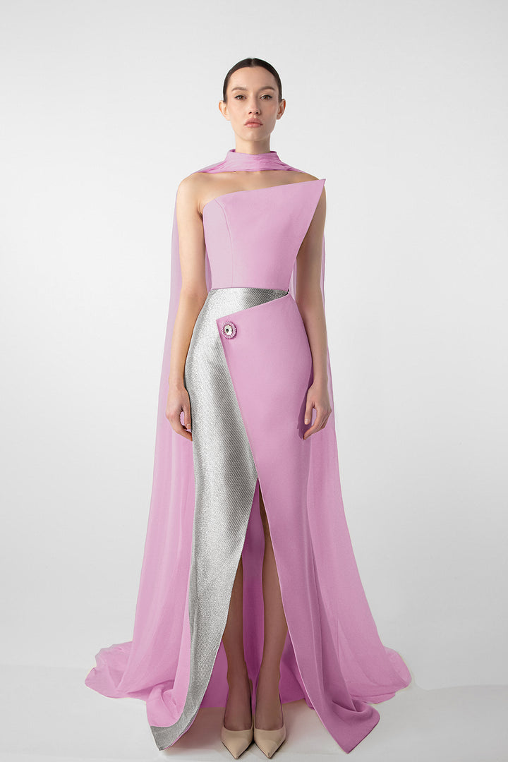 Asymmetrical Dress with Gold Accents and Chiffon Cape