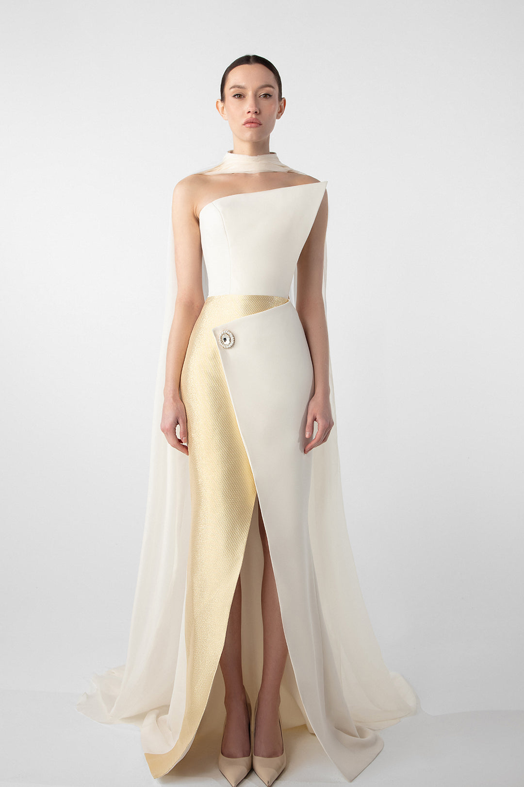 Asymmetrical Dress with Gold Accents and Chiffon Cape Metallic Gold and White / FR 50 Asymmetrical Dress with Gold Accents and Chiffon Cape Metallic Gold and White / FR 50