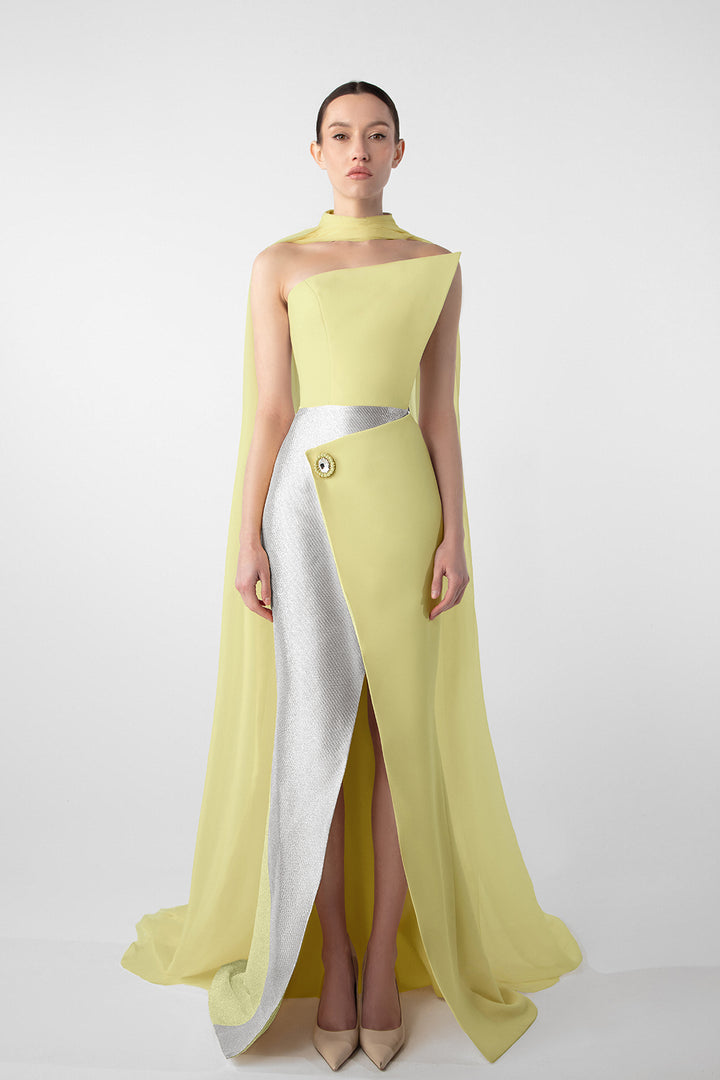 Asymmetrical Dress with Gold Accents and Chiffon Cape