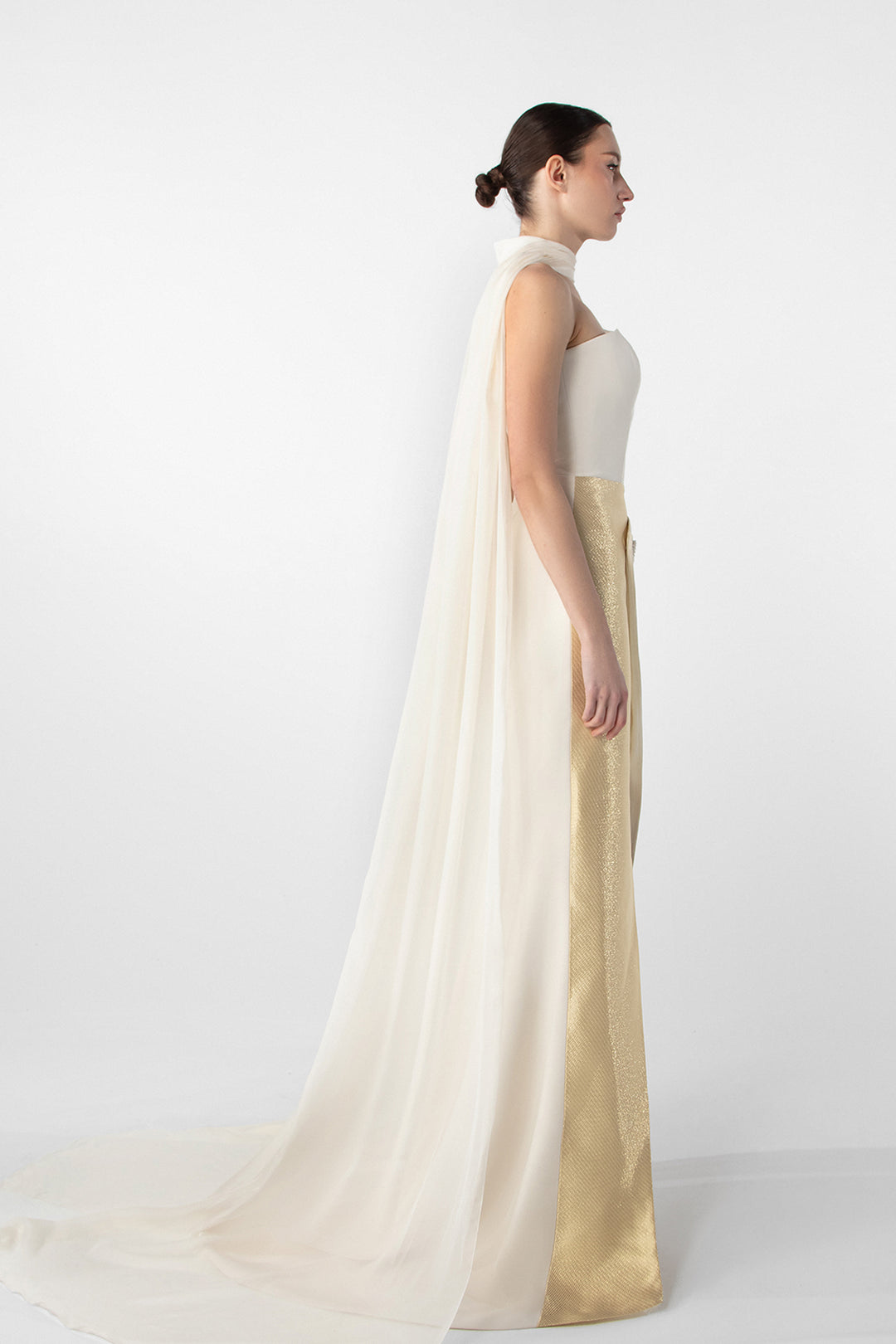 gold asymmetrical dress Asymmetrical Dress with Gold Accents And Chiffon Cape Metallic Gold And White / FR 50