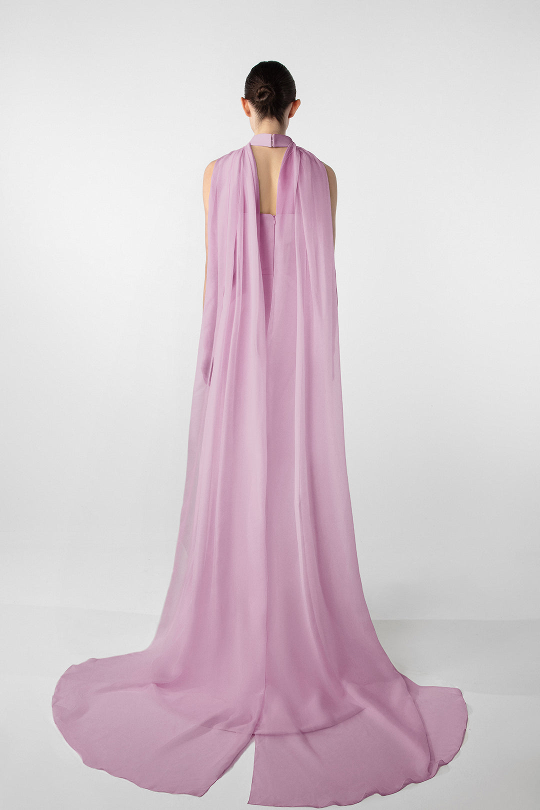 Asymmetrical Dress with Gold Accents and Chiffon Cape