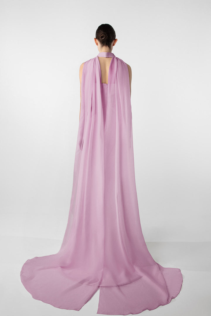 Asymmetrical Dress with Gold Accents and Chiffon Cape