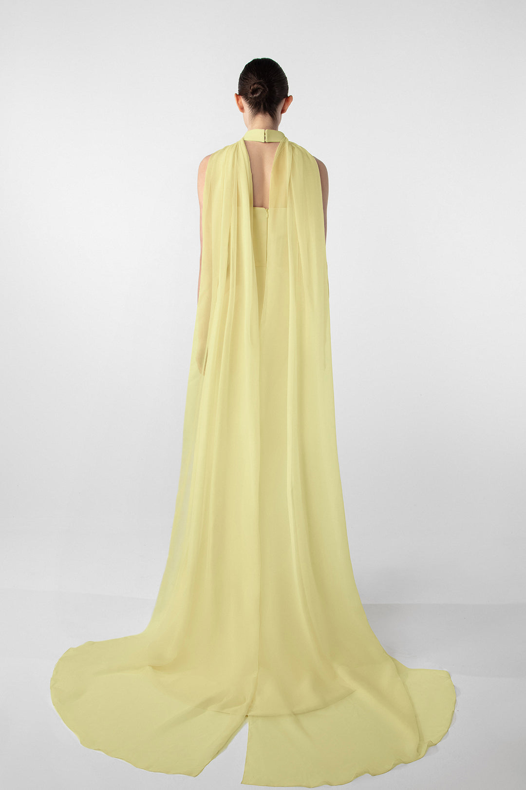 Asymmetrical Dress with Gold Accents and Chiffon Cape