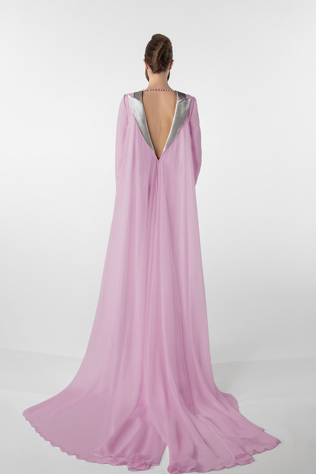 Crepe Dress with Metallic Collar and Chiffon Cape