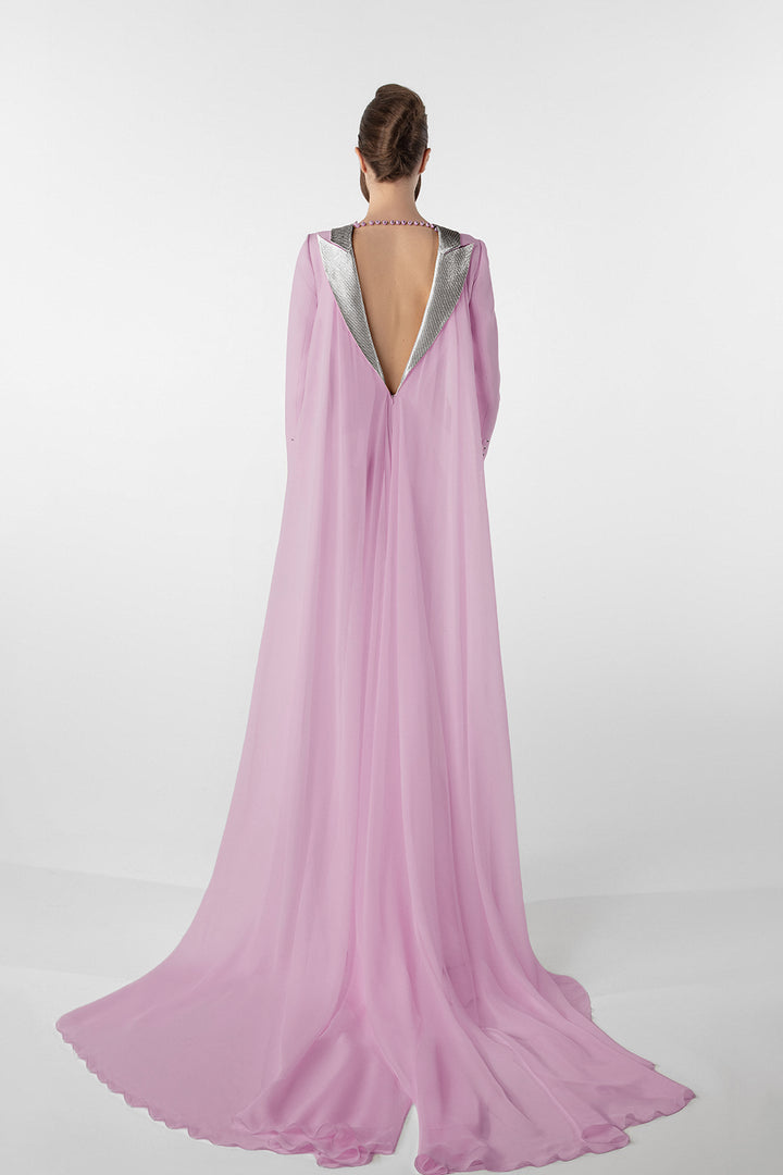 Crepe Dress with Metallic Collar and Chiffon Cape