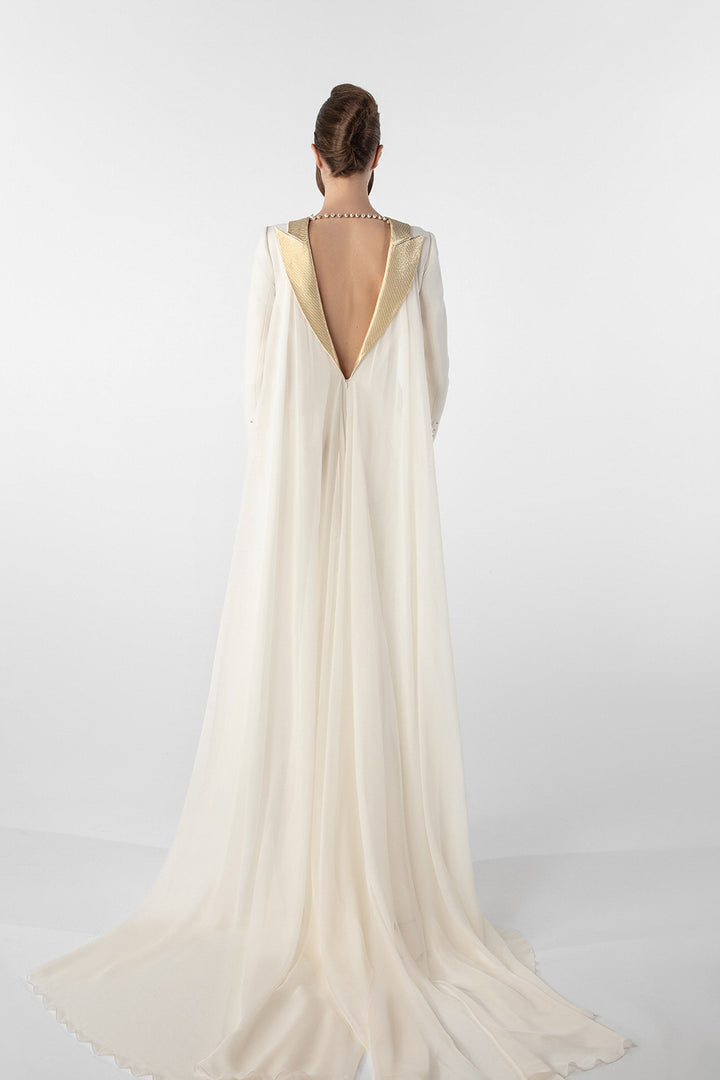 Crepe Dress with Metallic Collar and Chiffon Cape