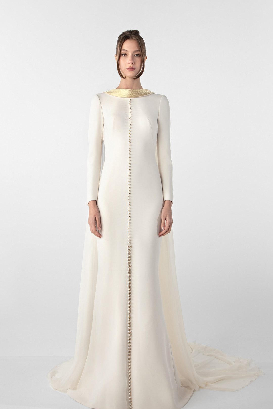 Crepe Dress with Metallic Collar and Chiffon Cape Metallic Gold and White / FR 50 Crepe Dress with Metallic Collar and Chiffon Cape Metallic Gold and White / FR 50