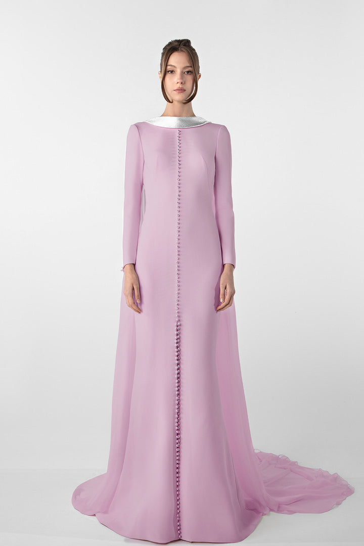 Crepe Dress with Metallic Collar and Chiffon Cape