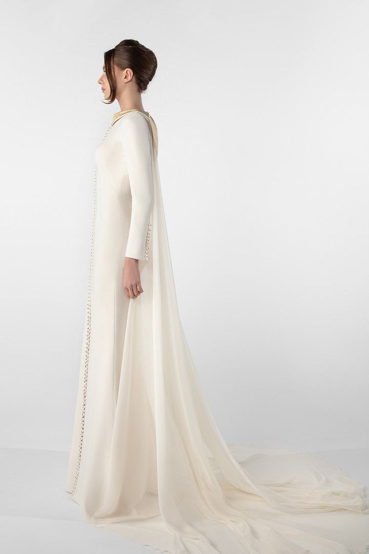 Crepe Dress with Metallic Collar and Chiffon Cape